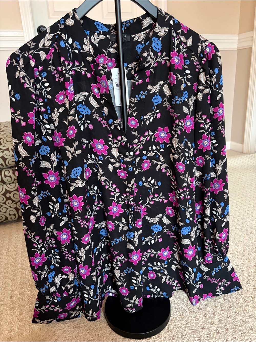 Ann Taylor Factory Black Floral Blouse with Pink & Blue Blooms
